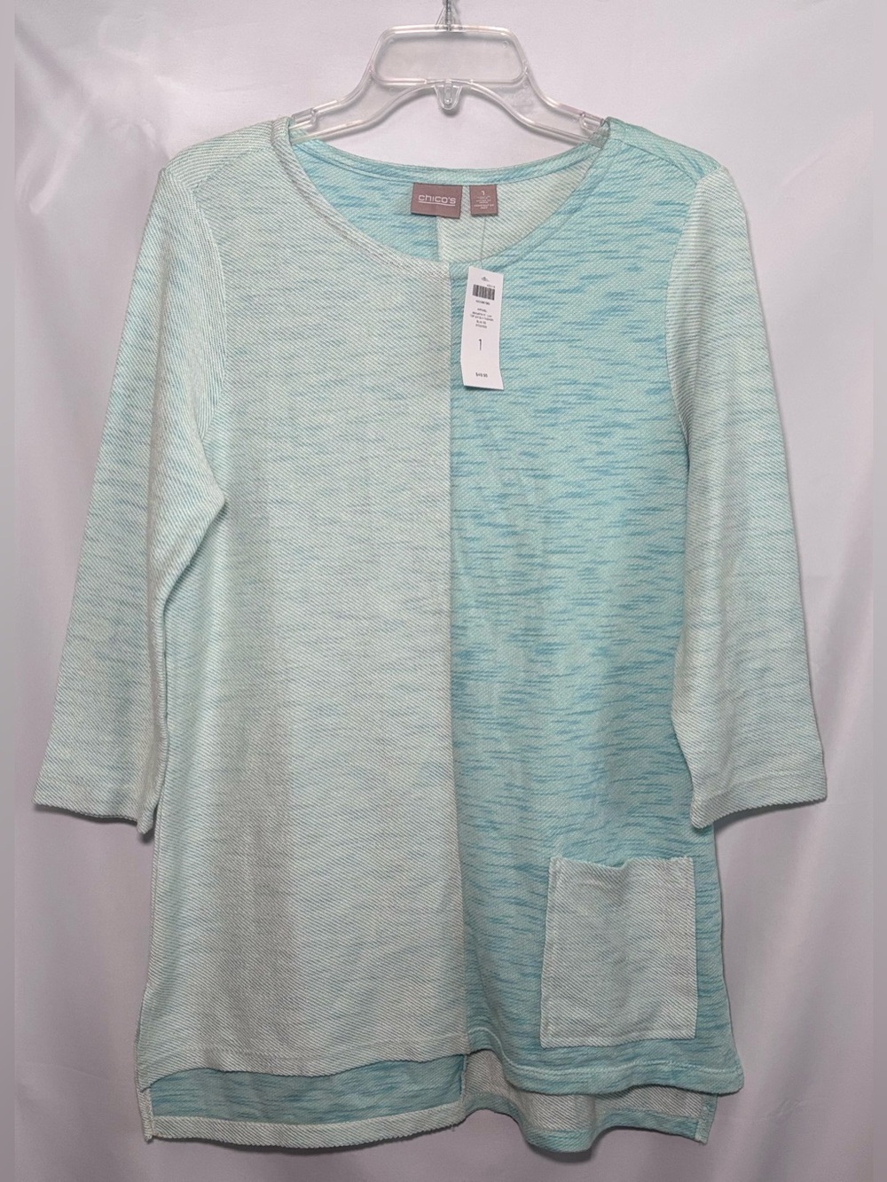 Chico’s Two Toned Colorblock Knit Tunic Top with 3/4 Sleeves Color Blue Ice Sz 1